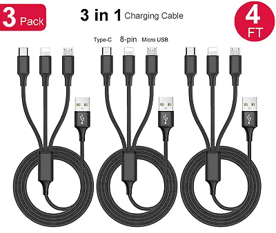 3 Pack 3 In 1 Multiple USB Cable Fast Charging Cord With Type CMicro USB Port • $8.90