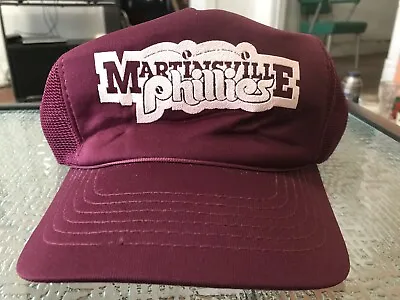 Vintage 80's Martinsville Phillies Snapback Hat Cap Maroon Mesh Trucker • $10