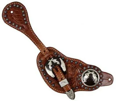 Showman Men's SPUR STRAPS Tooled Leather Silver Engraved CROSS PISTOL Conchos • $29.95