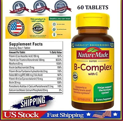 SUPER B-COMPLEX Vitamin C B1 B2 B3 B6 Folic Acid B12 Boost Energy Antioxidant • $8.49