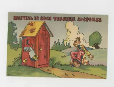 Vintage Comedy Postcard  MAN   OUTHOUSE   WAITING   LINEN   POSTED  1942 • $3