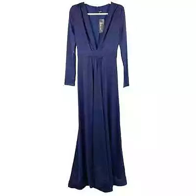 Miss Ord Deep V Split Thigh Maxi Dress Gown Blue Medium Empire Waist Stretch NEW • $30