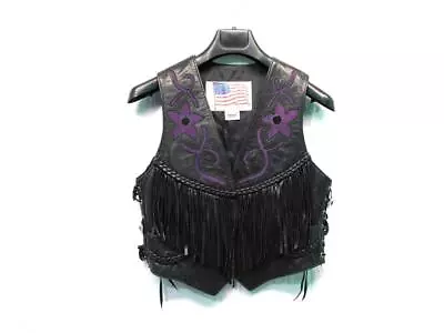 Vintage Classic Leather L Black Purple Floral Fringe Biker Vest Motorcycle USA • $49.99