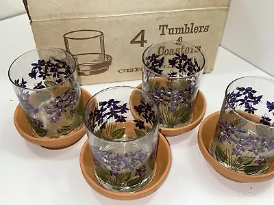 Cera Glass Violet Vtg Set Of 4 Low Ball 14 Oz Tumbler Glasses & Coaster W/box • $39.99