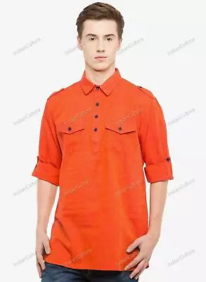 Mens Kurta Shirt Mens Short Sleeved Kurta Cotton Indian Clothes Top • £20.53