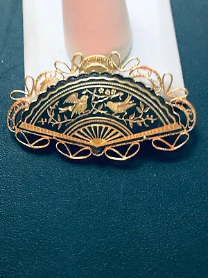 Gorgeous High End Designer Damascene Birds Filigree Fan Vintage Brooch Pin • $0.99