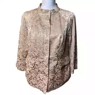 Susan Bristol Women’s M Gold Beige Damask Mandarin Collar Peplum Back Zip Jacket • $9