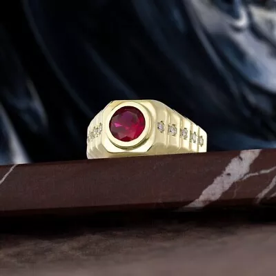 1.25 Ct Round Natural Red Ruby & Diamond Mens Pinky Ring 14k Yellow Gold Plated • $284.99