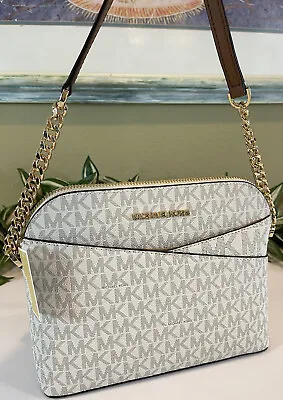 Michael Kors Jet Set Travel Medium Dome Chain Crossbody Bag Tote Mk Vanilla Logo • $89.99