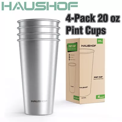 HAUSHOF 4 Pack 20 Oz Pint Cup Stainless Steel Cup Stackable Metal Beer Pint Cups • $22.99