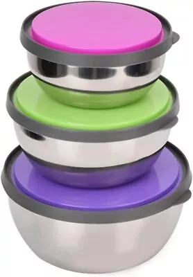 Mixing Bowls With Airtight Lids 3 Pieces Stainless Steel Metal Nesting Storage • £19.78