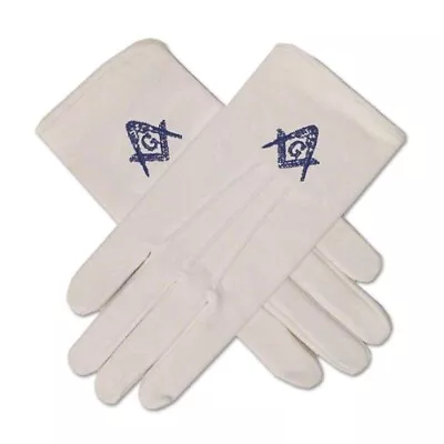 Blue Square & Compass Masonic Embroidered Cotton Gloves - [White] • $13.49