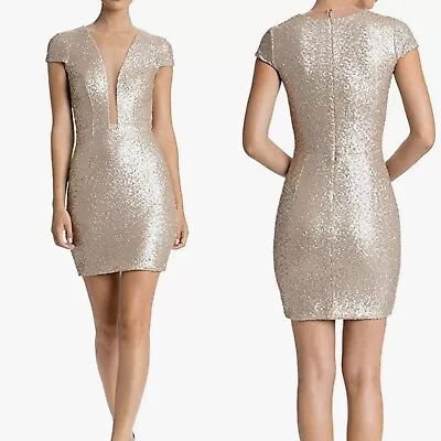 DRESS THE POPULATION 'KYLIE' PLUNGING NECK SEQUIN Champagne Blush DRESS Size S • $35