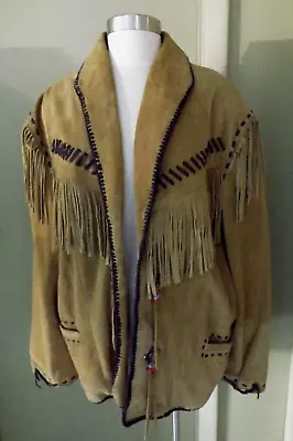 Kobler Fringed Leather Jacket * Tribal Coat *tan * Xl * Beaded Tassels * • $124.99