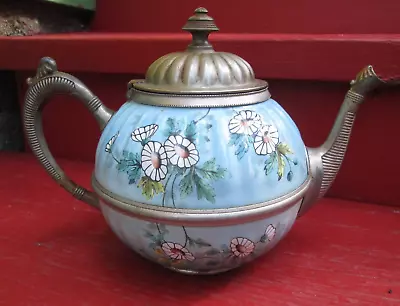 Manning & Bowman Enamel Teapot - Blue W/ Flowers - Victorian Antique • $99