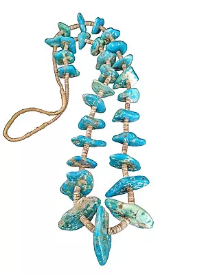 VTG  Santo Domingo Turquoise 29 Slabs Necklace Hand Rolled Olive Shell Heishi  • $325