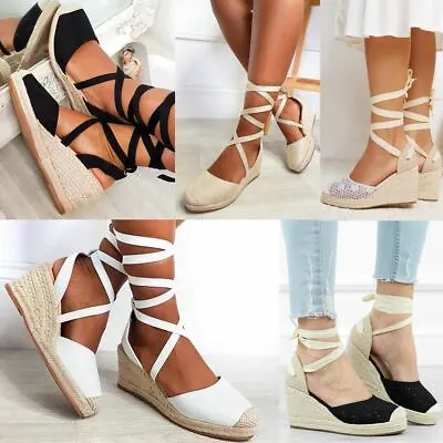 £18.99 • Buy Womens Ladies Summer Low Wedge Sandals Ankle Lace Tie Up Espadrilles Shoes Size