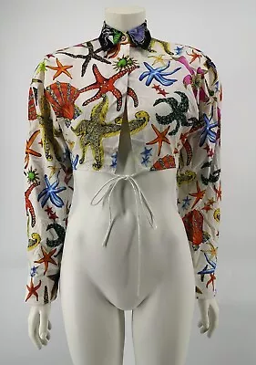 Versace Women's White Starfish Print Cropped Tie Front Shirt Size XS - Good Used • $631.46