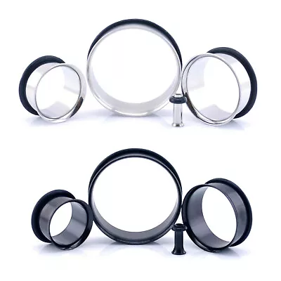 £3.19 • Buy Steel SINGLE FLARE Flesh Tunnel Ear Plug With O-Ring 2mm - 30mm Silver & Black