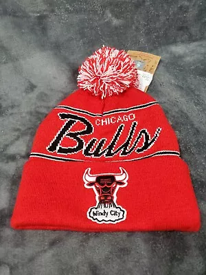 Nba Chicago Bulls Hwc Script Mitchell & Ness Red Black Knit Pom Beanie Mens New • $25.99