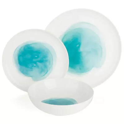 $69 • Buy 12pc Ecology Watercolour Aqua Dinner/Side Plate/Noodle Bowl Kitchenware Set