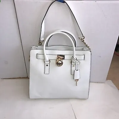 Michael Kors Hamilton Large North South Tote Bag White Gold Leather Chain Strap • $140