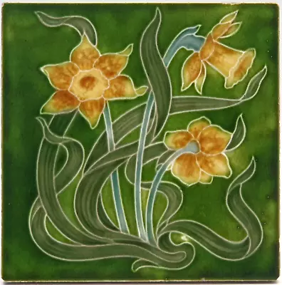 Art Nouveau Tile Green Daffodils Henry Richards Tile Company C1907 AE2 • $111.98
