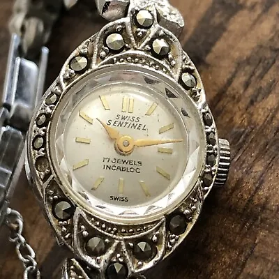 Old Vintage Ladies Watch Sentinel Marcasite Silver Plated Wind Up Cocktail Style • $195