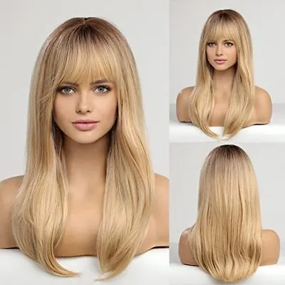 HAIRCUBE Long Blonde Wigs For Women Straight Wigs With Fringe Synthetic Laye • £29.50