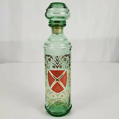 Vintage Liquor Decanter 12  Green Glass Metallic Gold Gilding Crest Bar Decor • $13.99