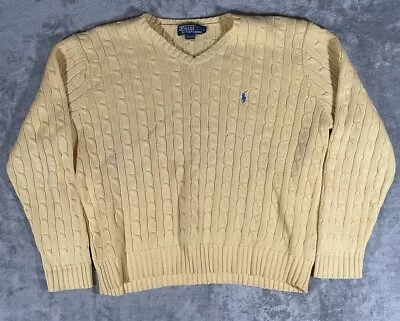 Polo Ralph Lauren Classic V-Neck Cable Knit Sweater Yellow Mens Sz L Blue Pony • $25.99