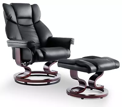 Black Sofa Recliner Armchair Lounge Leather Swivel Chair W/ Foot Stool Wood Base • £179.95