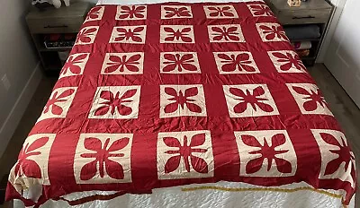 Antique Primitive Folk Art Hawaiian Red Tan Quilt Top Flour Sack Don Ho Cousin • $224