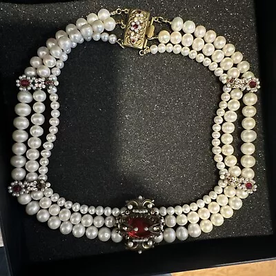 Michal Negrin Necklace 3 Rows Pearls Ruby Crystals Chunky Chocker Wedding • $349