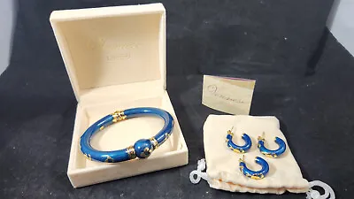 Veronese Sterling Silver Enameled Blue Gold Vermeil Bangle Bracelet Earrings Set • $124.99