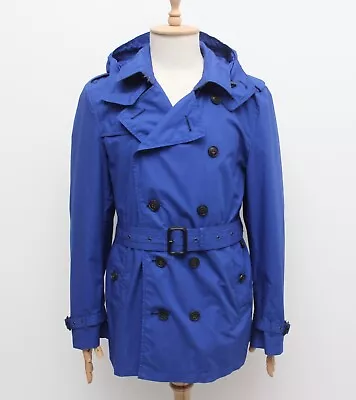 Men's BURBERRY BRIT Cotton Double Breasted Trench Coat Belted Hooded Size L RARE • $480