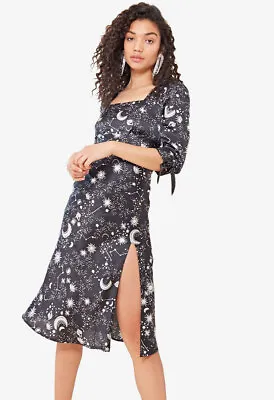 Womens Black Satin Galaxy Print Square Neck Midi Dress • £14.99