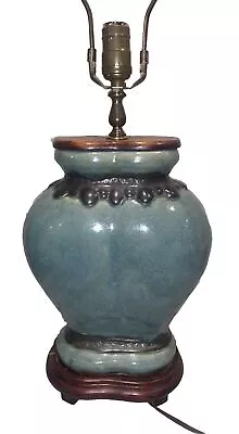Vtg Chinese Blue Glazed Jar Wood Top Vase Pottery Lamps 16.5”T 9.5”W 4 1/8”Deep • $129.99