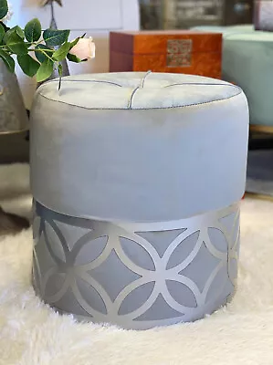 (Pre Sale) Velvet Ottoman/Footstool With Metal Silver Design Base- Light Grey • $68