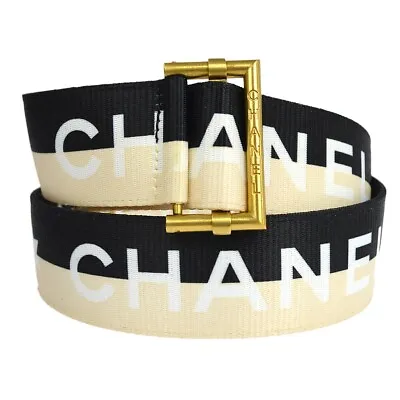 CHANEL CC Logos Buckle Belt Black Ivory Nylon 01S Authentic 24977 • £714.16