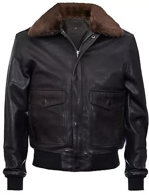 Men's Air Force Brown Pilot Aviator Real Leather Flight Bomber Jacket Collar Fur • $119.20