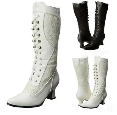 Women Steampunk Mid Calf Boots Pointed Toe Lace Wedding Boots Mid Heels Shoes • £34.26