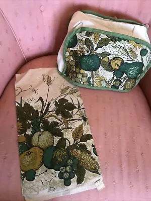 Vintage 60s Green & Gold Autumn Fruit Fallani & Cohn Linen Towel & Toaster Cover • $22