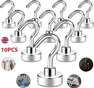 10 Pack Magnetic Hooks Strong Magnet Hanger Hold Neodymium Hook Heavy Duty Set • £4.19