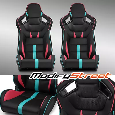 Black With Red/Blue PVC Reclinable VIPER-Series Racing Seats Pair W/Slider • $346.98