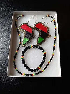 Rasta Beaded Jewelry Set 16  Necklace Stretch Bracelet And Wood Africa Earrings • $50