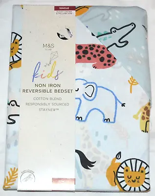 M&s Kids Single Duvet Cover & Pillowcase Reversible Animal Print Cotton Blend • £12.99