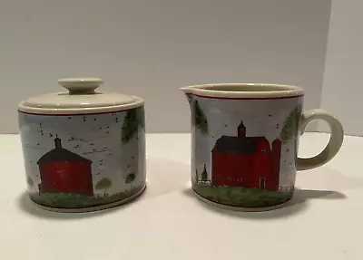 Warren Kimble Sakura Red Barns Creamer & Sugar Bowl With Lid 1998 • $12.99