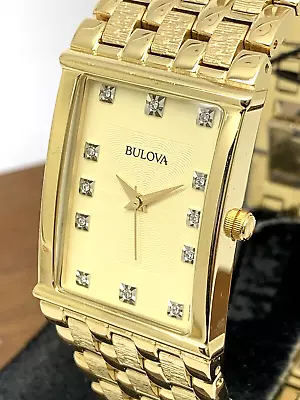 Bulova Men's Watch 97F52 Diamond Dial Gold Tone Stainless Steel Wide Band Quartz • $218.67