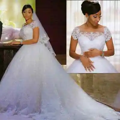 Vintage Frican Wedding Dresses Short Sleeves Lace Appliques A Line Bride Gowns • $147.90